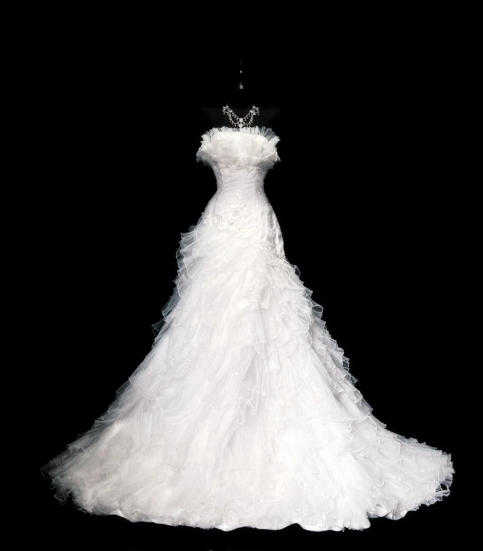 Classy Strapless White Tulle Appliques Layered Mermaid Long Wedding Guest Dress Formal Bridal Dress