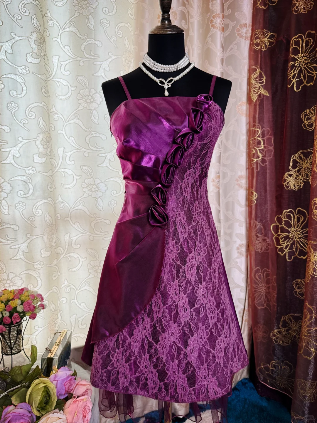 Charming Purple Satin Lace Short Prom Dress Formal Graduation Homecoming Dress