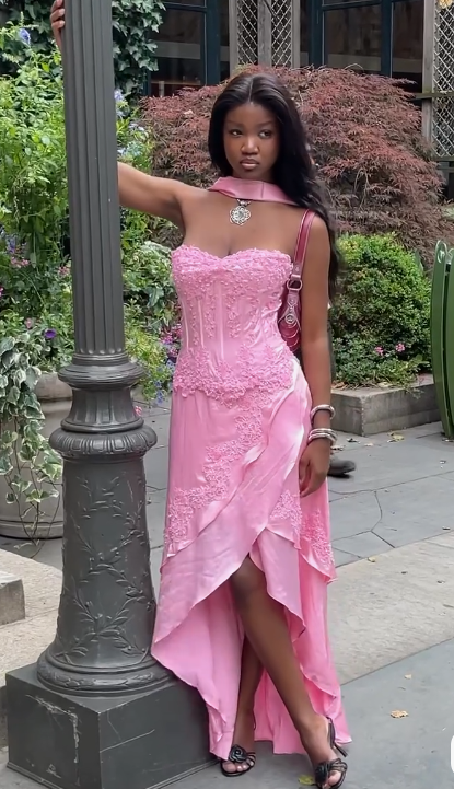 Classy Pink Strapless Satin Appliques Evening Dress Formal Prom Gown