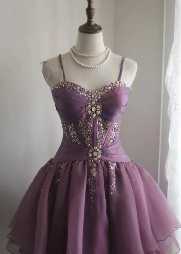 Vintage Purple Spaghetti Straps Purple Tulle Rhinestones Short Homecoming Dress A Line Cocktail Dress