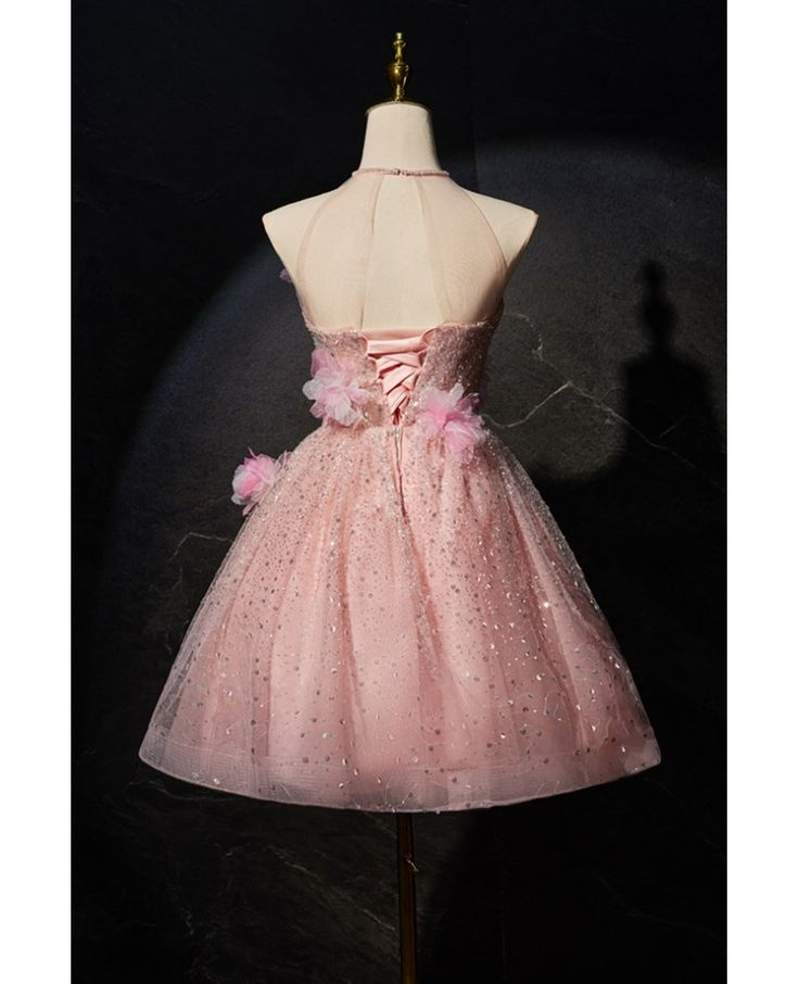 Cute Pink Tulle Sequin Flowers Short Birthday Outfits Homecoming Dress