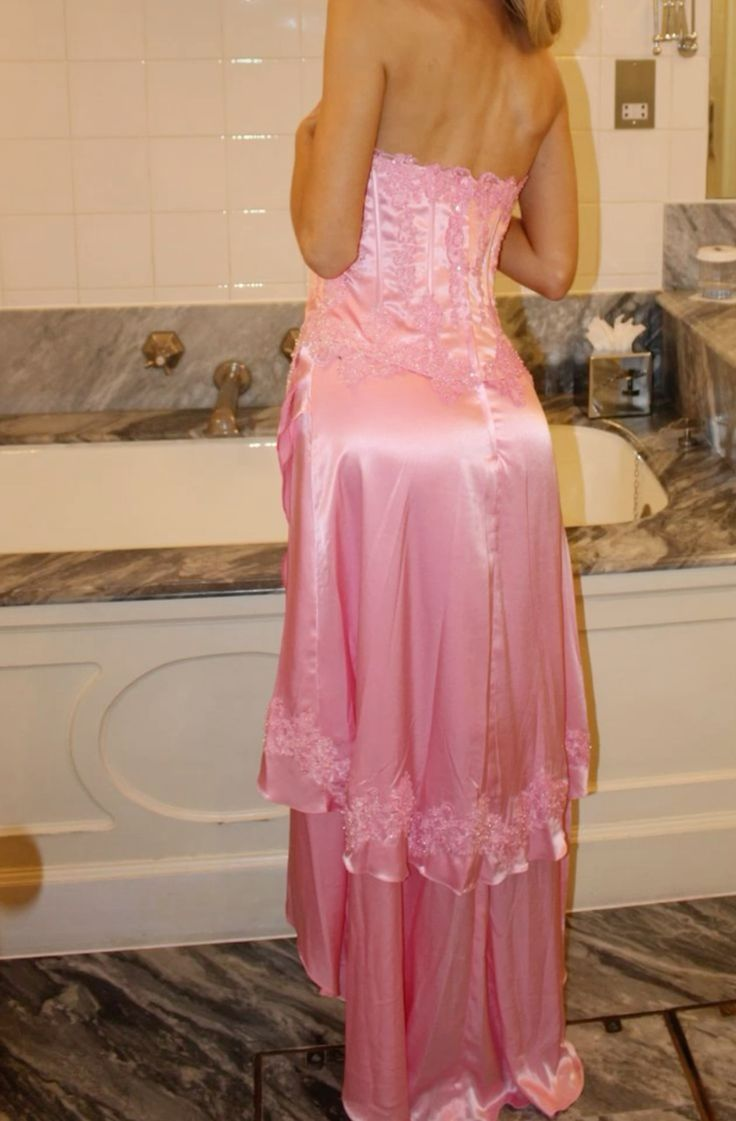 Chic Strapless Lace Appliques Evening Dress Pink Layered Party Prom Dress