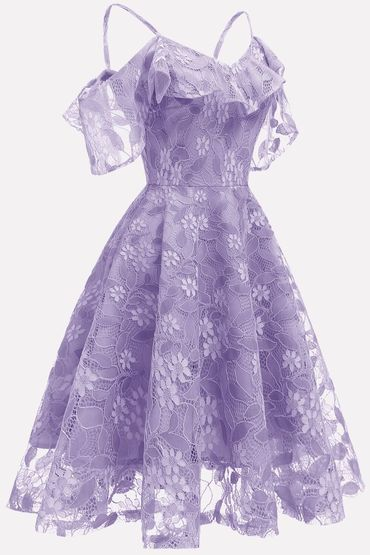 Light-purple Ruffles Lace Cold Chic Shoulder Chic A Line Homecoming Dress