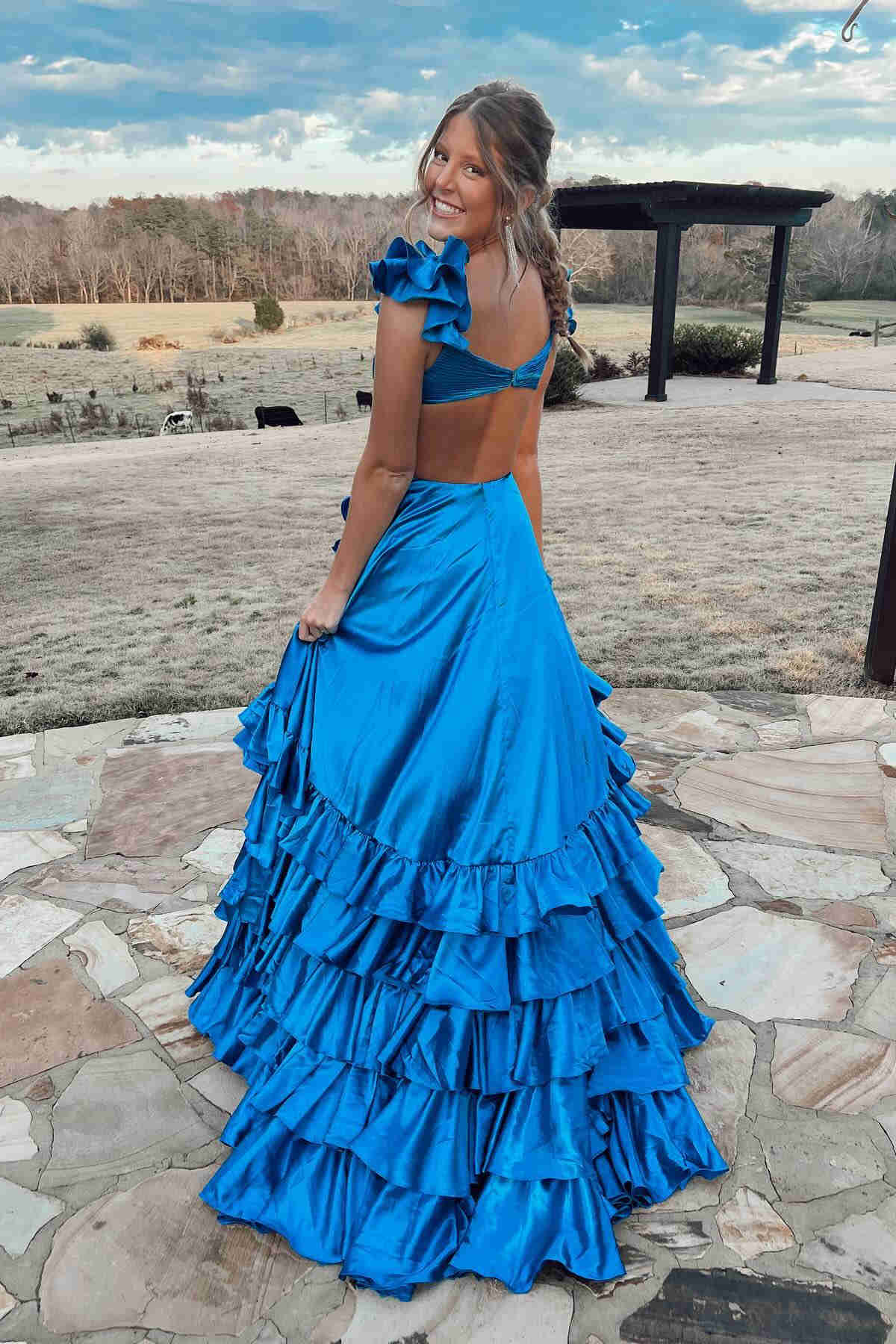 Ruffled Straps Pleated Layered Long Prom Dress