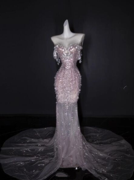 Gorgeous Strapless Pink Sequin Beaded Mermaid Long Evening Dress Party Dress With Cape