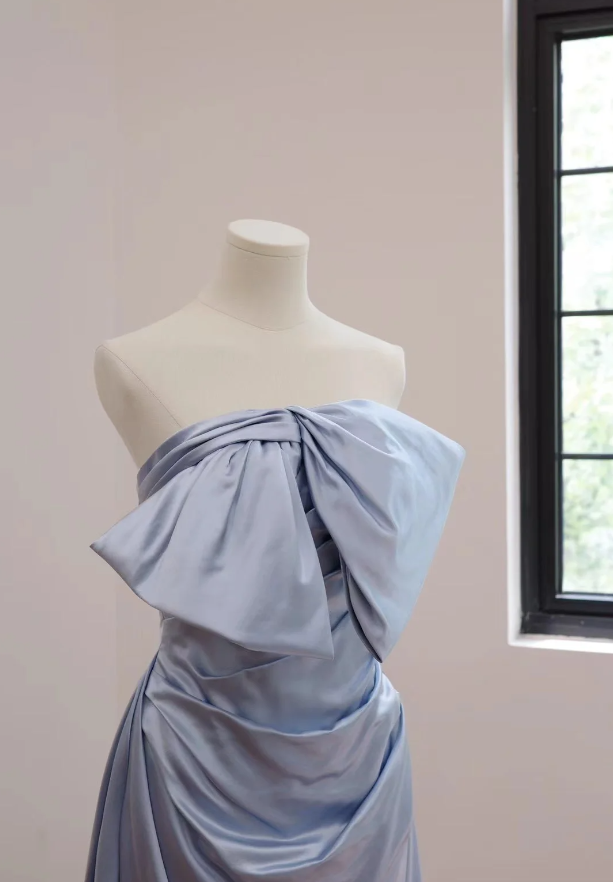 Elegant Bow Strapless Blue Satin Mermaid Long Birthday Party Dress Formal Wedding Guest Dress