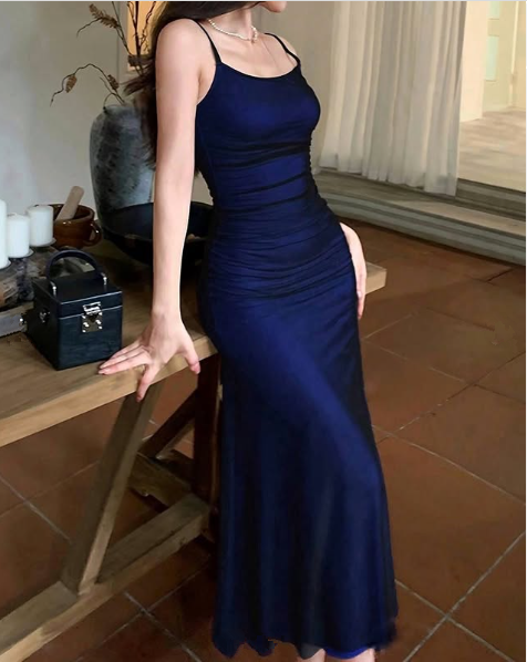Vintage Spaghetti Satin Tulle Sheath Party Dress,Long Evening Dress