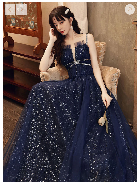 Blue tulle A line sequin long prom dress, blue tulle formal dress