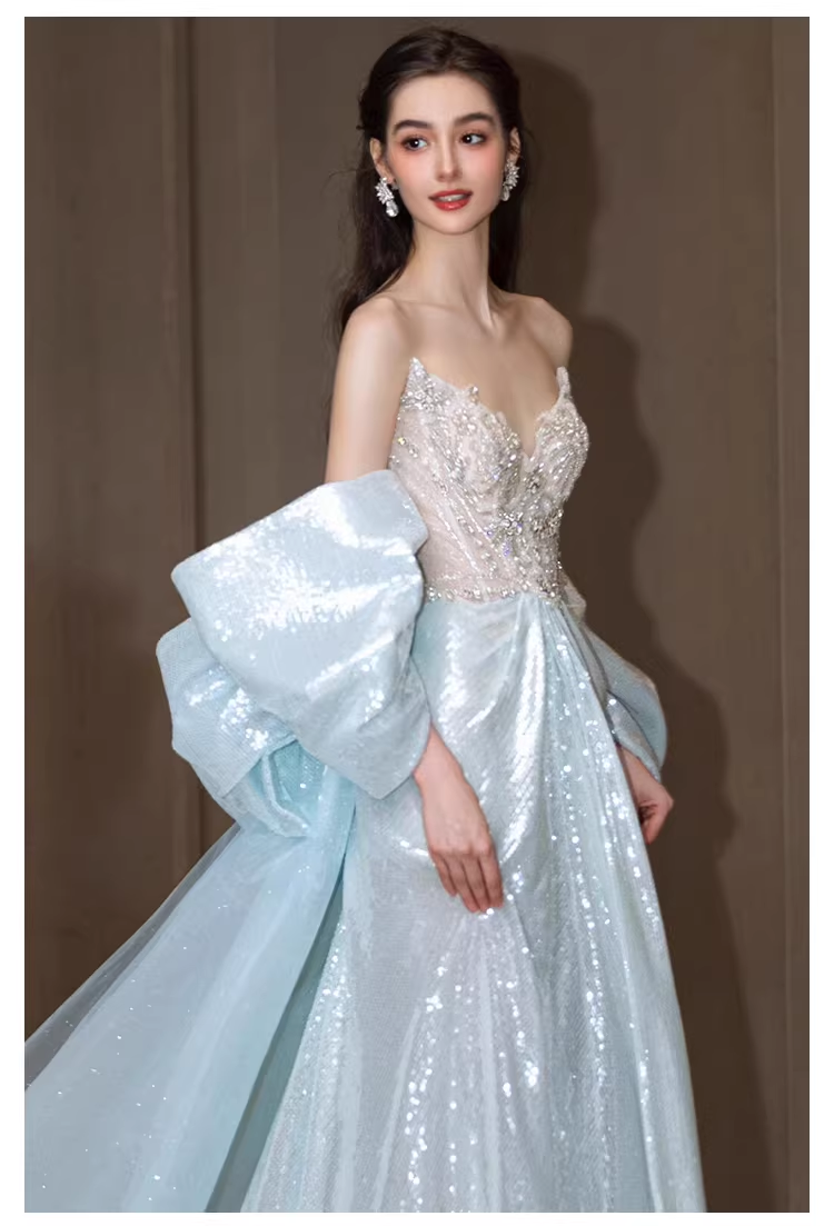 Glamorous Blue Strapless Tulle Sequin Beaded Mermaid Long Evening Dress Prom Dress