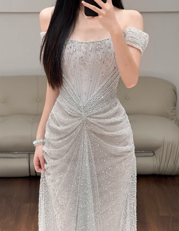 Off The Shoulder Silver Sequin Lace Prom Party Dress Evening Dress Birthday Dress