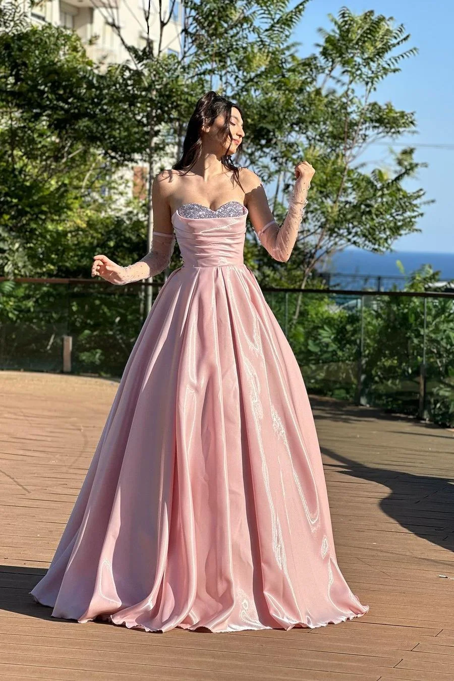 Elegant Pink Satin Beaded Evening Dress Formal Prom Dress With Gloves