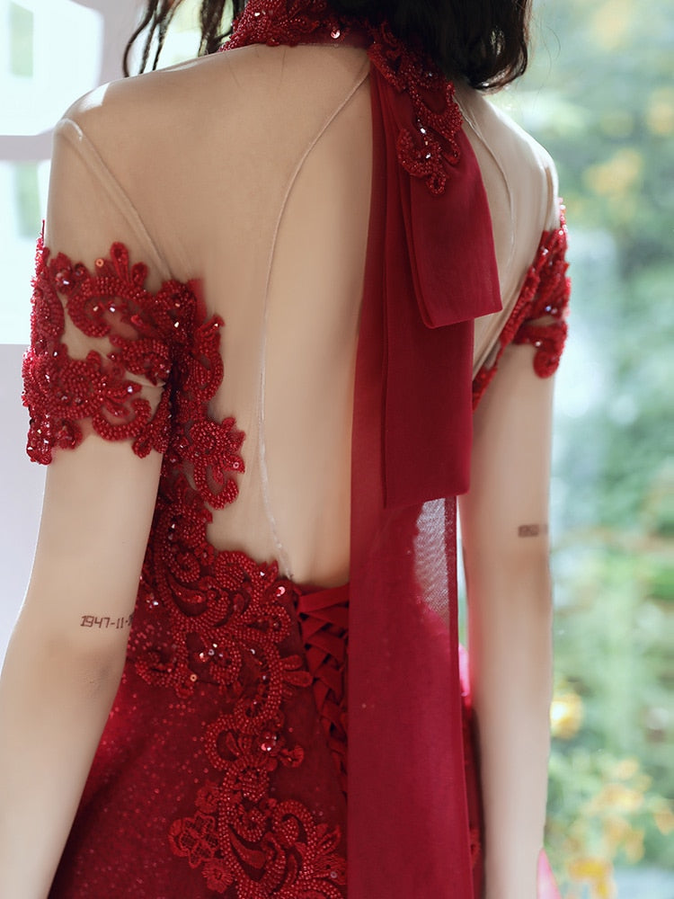 Luxury Burgundy High Neck Beading Evening Dress