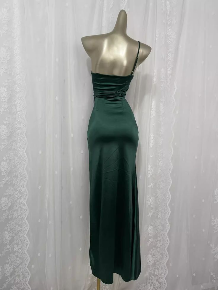 Vintage Green Spaghetti Straps Prom Dress Satin Sheath Party Dress Evening Gown