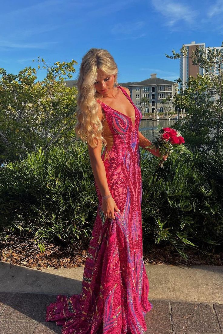 Luxurious Mermaid V Neck Fuchsia Sequins Prom Dress Formal Party Dress Evening Gown