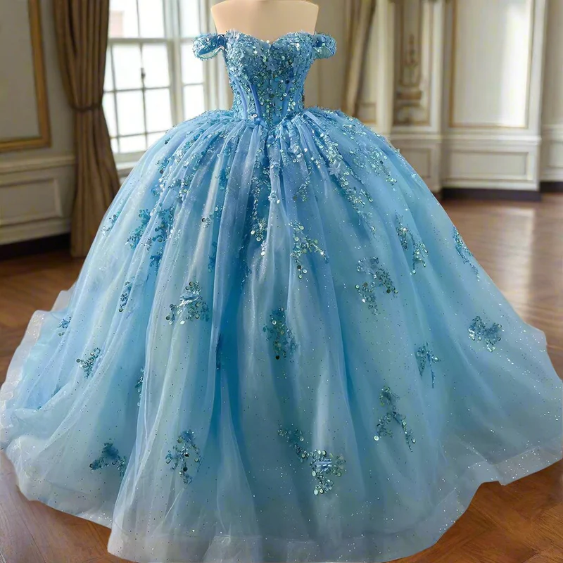 Sparkly Blue Sequins Beaded Ball Gown Luxury Off The Shoulder Sweet 16 Dress Birthday Dress