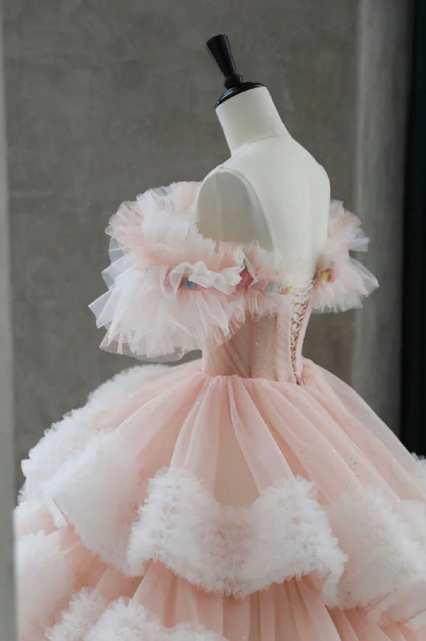 Classy Off The Shoulder Tulle Pleated Tiered Ball Gown Sweet Quinceanera Dress