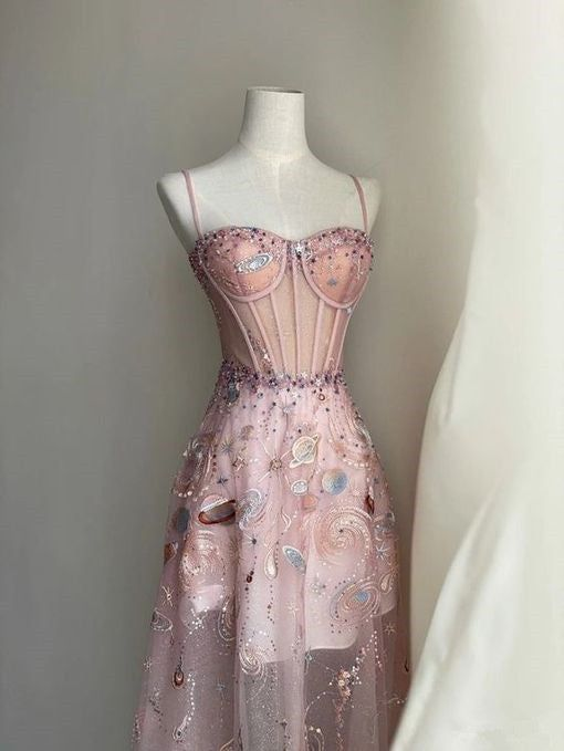 Unique A Line Long Party Evening Dress Pink Lace Prom Dress