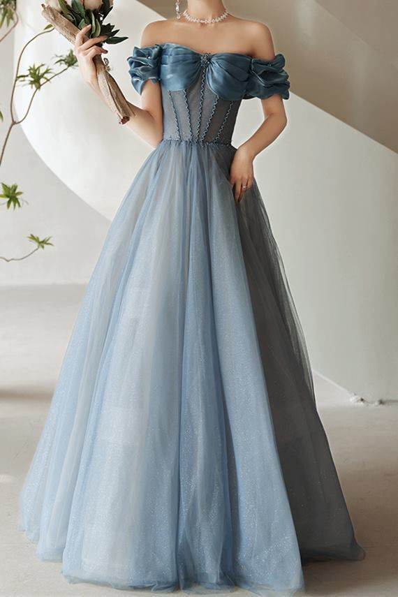 Lovely Pink Off The Shoulder Tulle Beading Prom Dress A Line Party Evening Dress