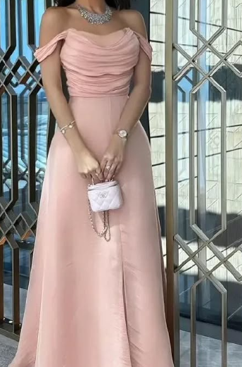 Modest A Line Strapless Silk Satin Long Pink Prom Dress Evening Dresses