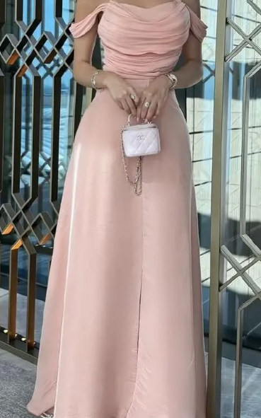 Modest A Line Strapless Silk Satin Long Pink Prom Dress Evening Dresses
