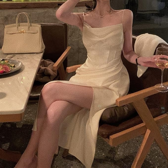 Modest Sheath Spaghetti Straps Ivory Slit Prom Dresses Evening Dress