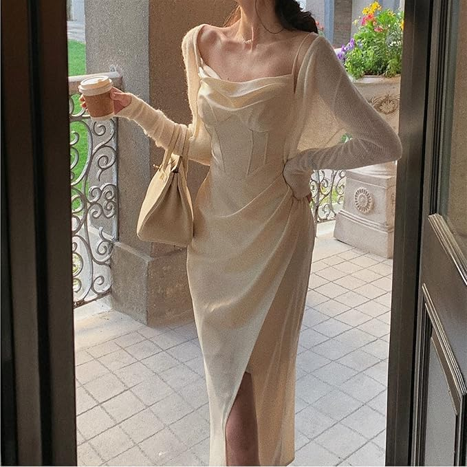 Modest Sheath Spaghetti Straps Ivory Slit Prom Dresses Evening Dress