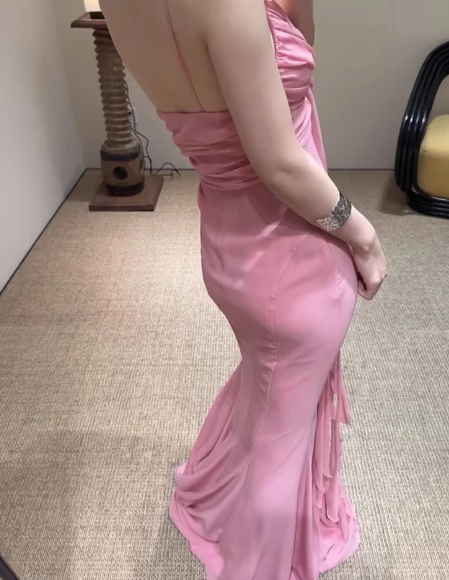 Vintage Mermaid Spaghetti Straps 90s Pink Chiffon Prom Dresses Evening Gowns
