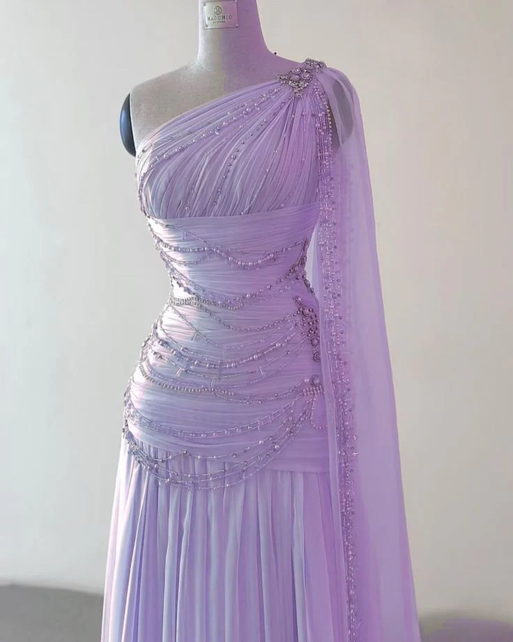 Vintage A Line One Shoulder Chiffon Floor Length Prom Dresses Beads Evening Dress