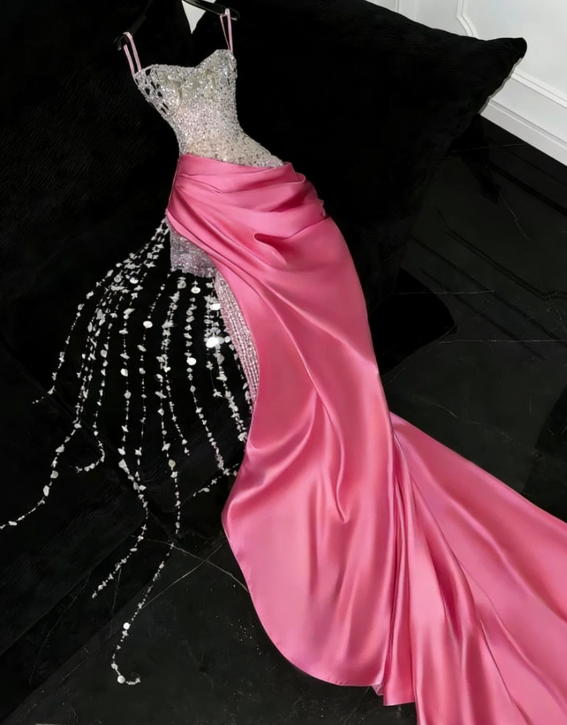 Gorgeous Mermaid Spaghetti Straps Satin Sequin Beads Long Wedding Dresses