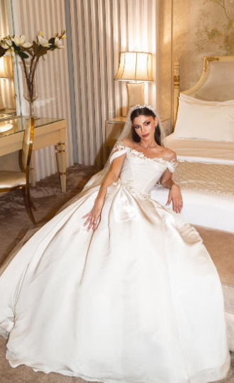 Gorgeous Ball Gown Off The Shoulder Satin Beads Flowers Long Wedding Dresses