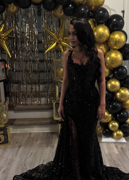 Gorgeous Mermaid Strapless Black Satin Sequin Beads Slit Long Prom Dresses Formal Dress