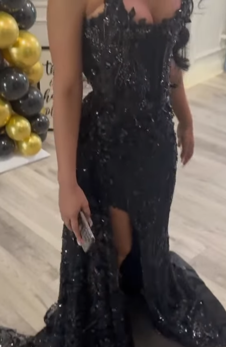 Gorgeous Mermaid Strapless Black Satin Sequin Beads Slit Long Prom Dresses Formal Dress