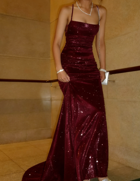 Shiny Mermaid Spaghetti Straps Satin Sequin Long Prom Dresses Formal Dress