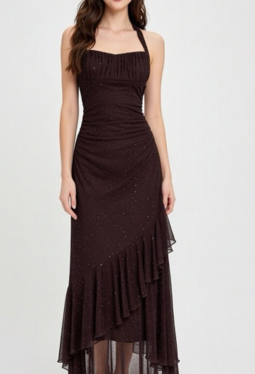 Shiny A Line Halter Chiffon Sequin Long Prom Dresses Formal Dress