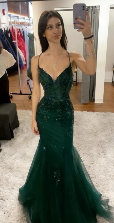 Elegant Mermaid Spaghetti Straps Tulle Sequin Long Prom Dress, Evening Dress