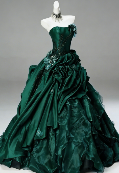 Vintage Ball Gown Strapless Satin Long Prom Dress, Evening Dress