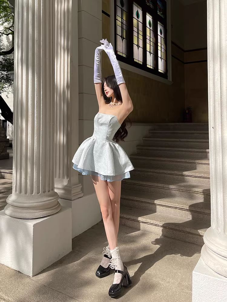 Elegant A line Strapless Satin Short Birthday Outfits Homecoming Dress
