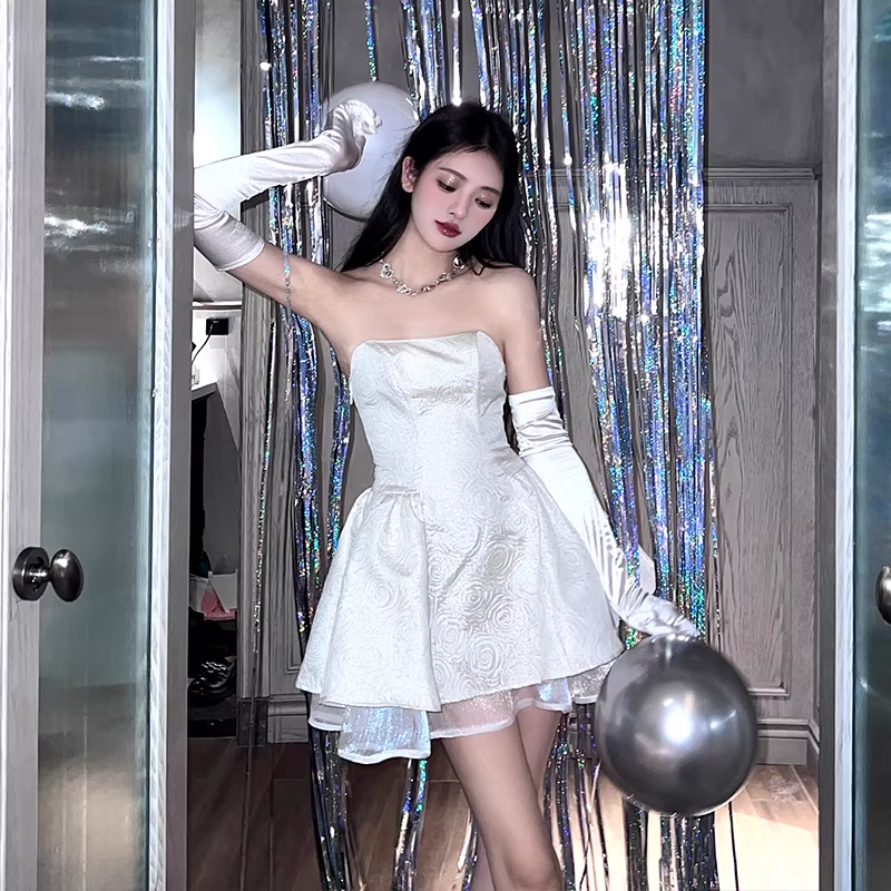 Elegant A line Strapless Satin Short Birthday Outfits Homecoming Dress
