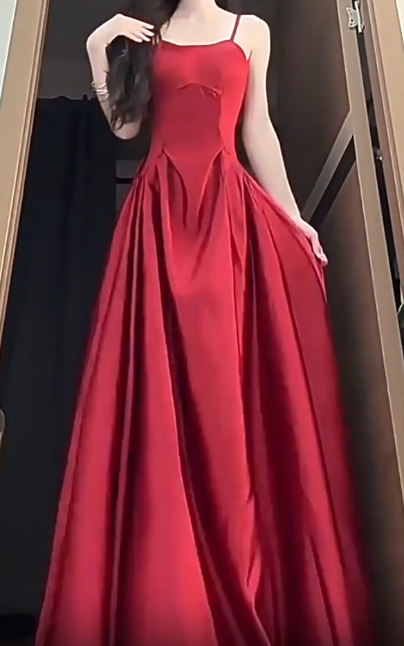 Sexy Wine Red A-Line Straps Satin Long Burgundy Prom Dresses