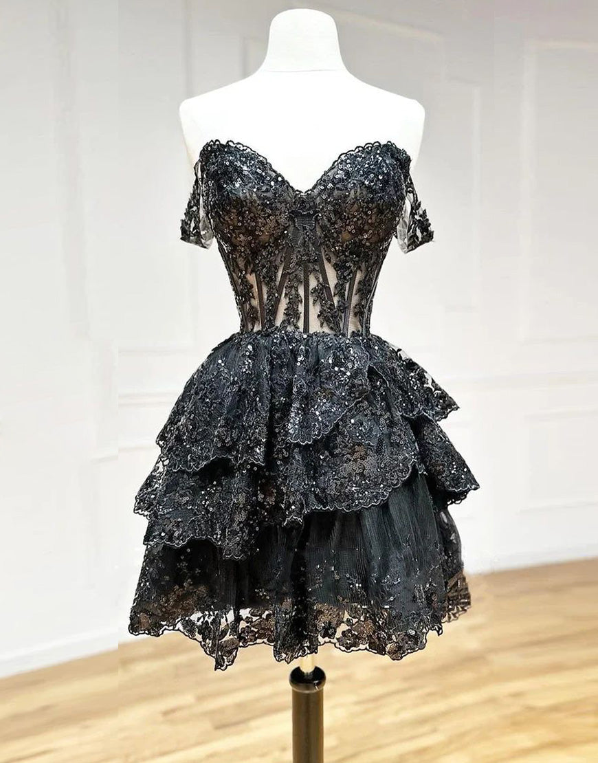 Cute A-Line Tiered Short Homecoming Dress With Appliques