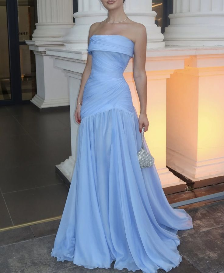 Elegant Strapless Blue Chiffon Pleated Mermaid Evening Dress Long Wedding Guest Dress
