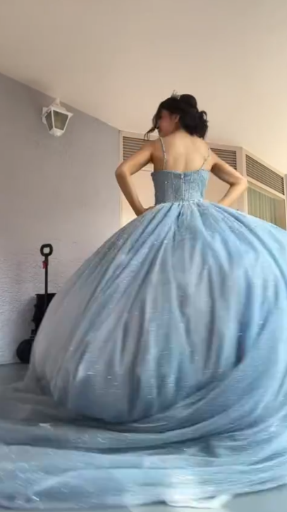 Shiny Spaghetti Straps Blue Tulle Sequin Beaded Formal Quinceanera Dress Sweet 16 Dress
