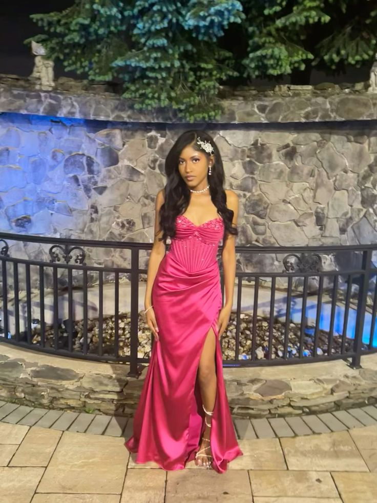 Cute Hot Pink Mermaid Slit Prom Dress Pleated Party Evening Dress