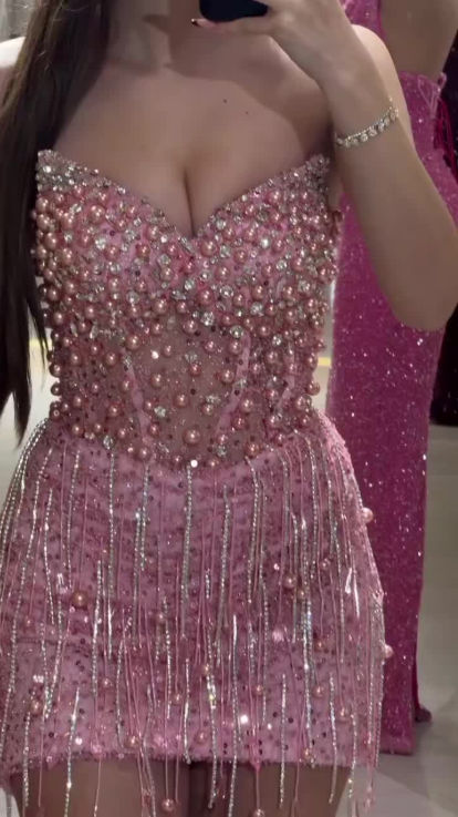 Gorgeous Strapless V Neck Sequin Beaded Sheath Cocktail Dress Pink Formal Graduation Homecoming Dress