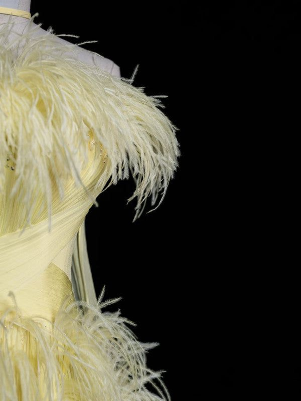 Luxury Yellow Off The Shoulder Evening Gown Chiffon Feathers Party Prom Dress With Beaded