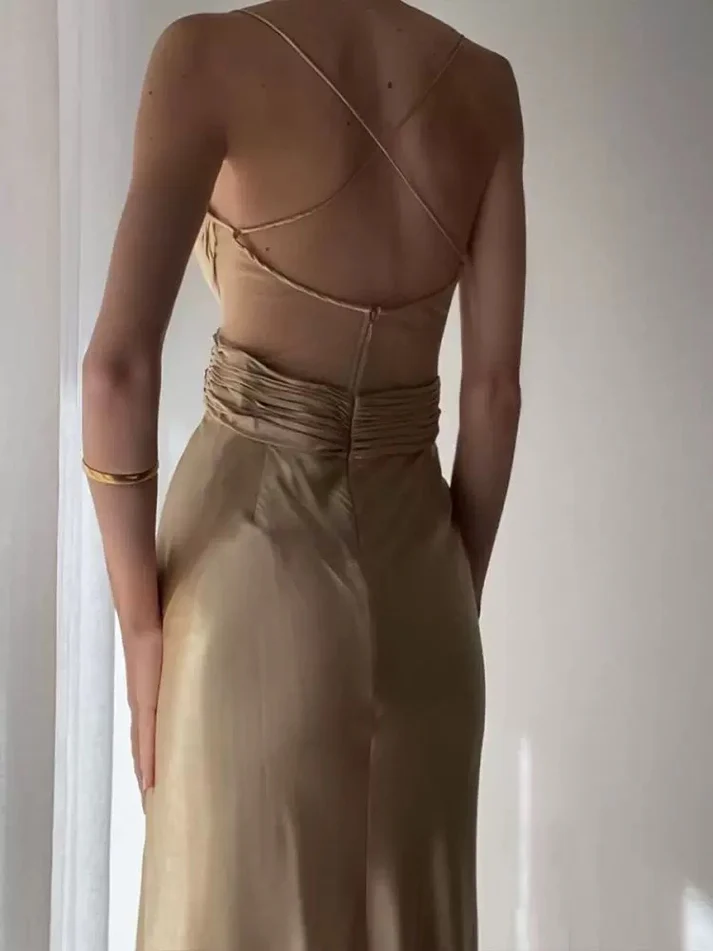 Sexy Backless A Line Satin Prom Dress Ruched Party Dress Evening Dress