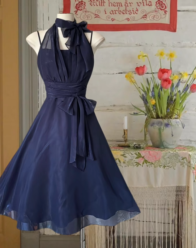 Simple Navy Blue Chiffon Halter A Line Formal Graduation Homecoming Dress Cocktail Dress