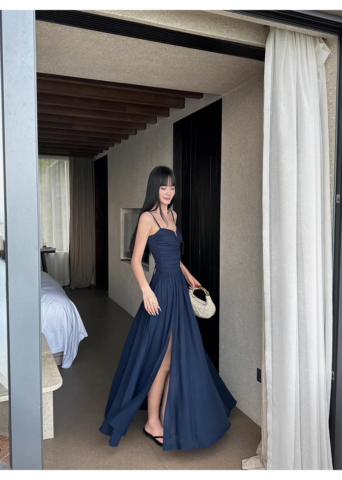 Elegant Spaghetti Straps Satin A Line Slit Evening Dress Navy Blue Long Birthday Party Dress With Pockets