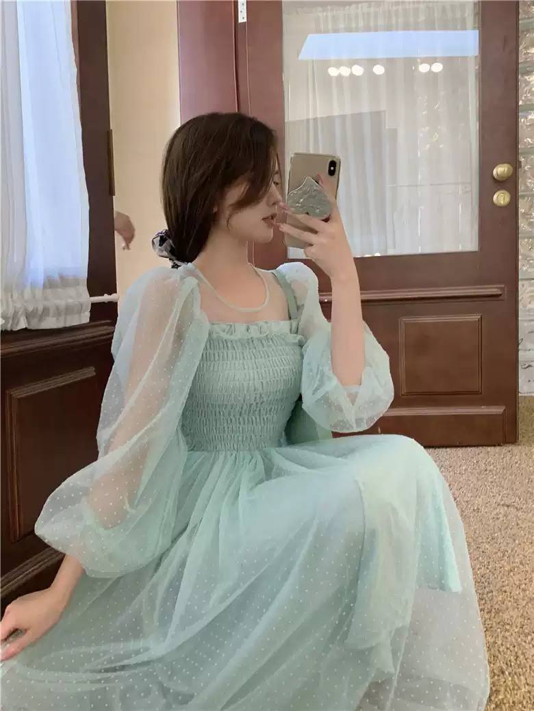 Light green skirt hollow French super fairy puff sleeve polka dot mesh dress sexy party dress