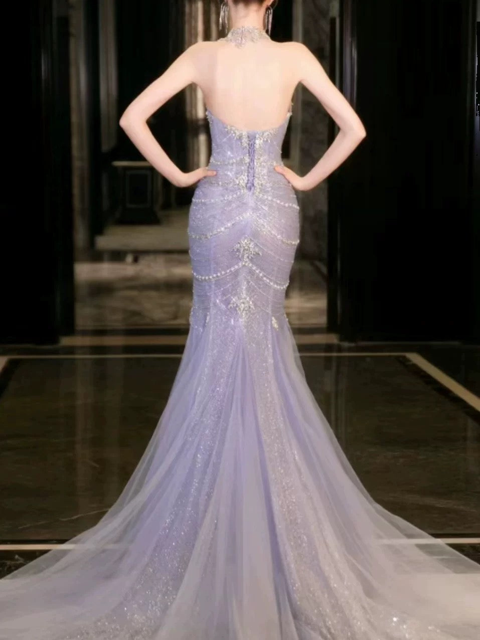 Pretty Mermaid Off The Shoulder Blue Tulle Silver Beads Long Prom Dresses Formal Evening Dress